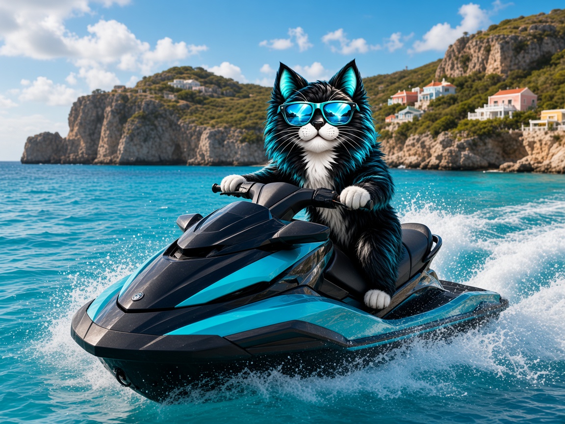 Felix Tours mascot facing the camera on a jet ski off the Curaçao coast