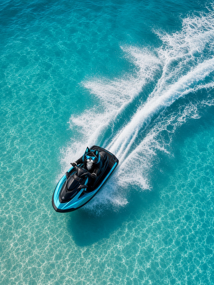 Aerial jet ski on turquoise water