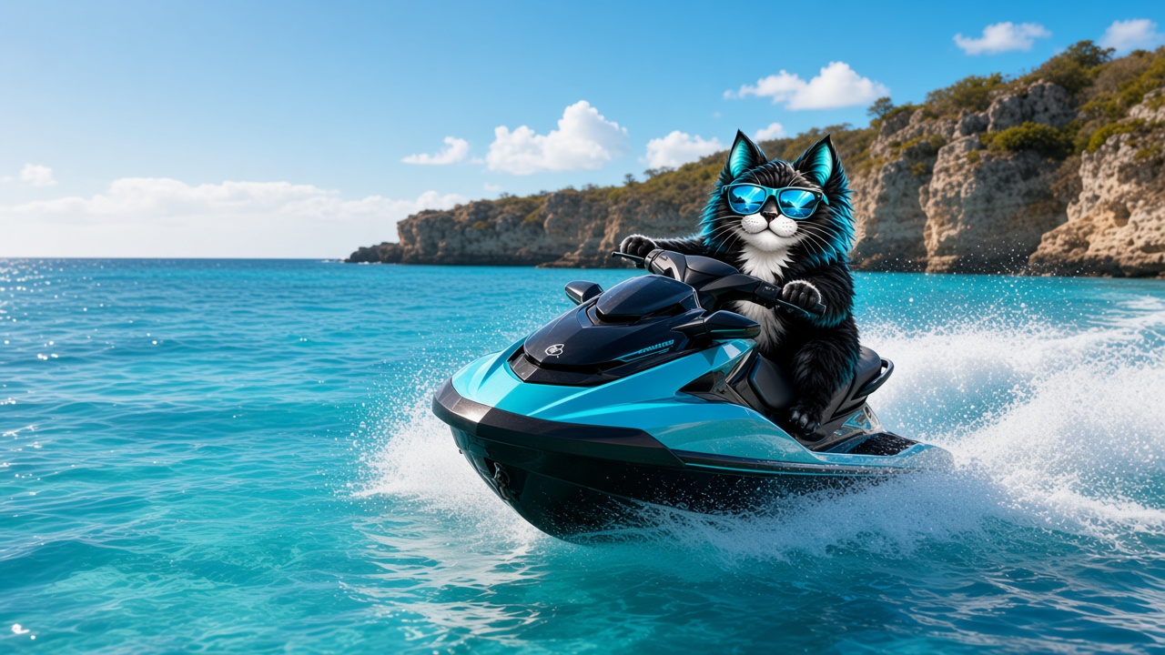 Felix Tours mascot riding an aqua and black jet ski on turquoise Curaçao water