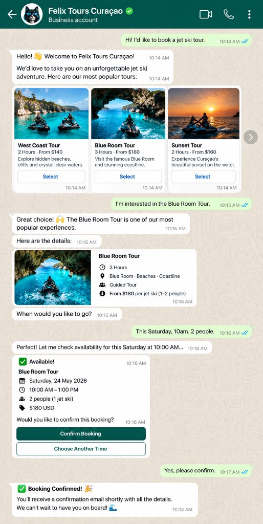 Felix Tours Curaçao WhatsApp booking conversation — tour selection and confirmation